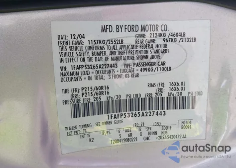 2005 Ford Taurus Se z USA, uszkodzony, nr VIN 1FAFP53265A227443